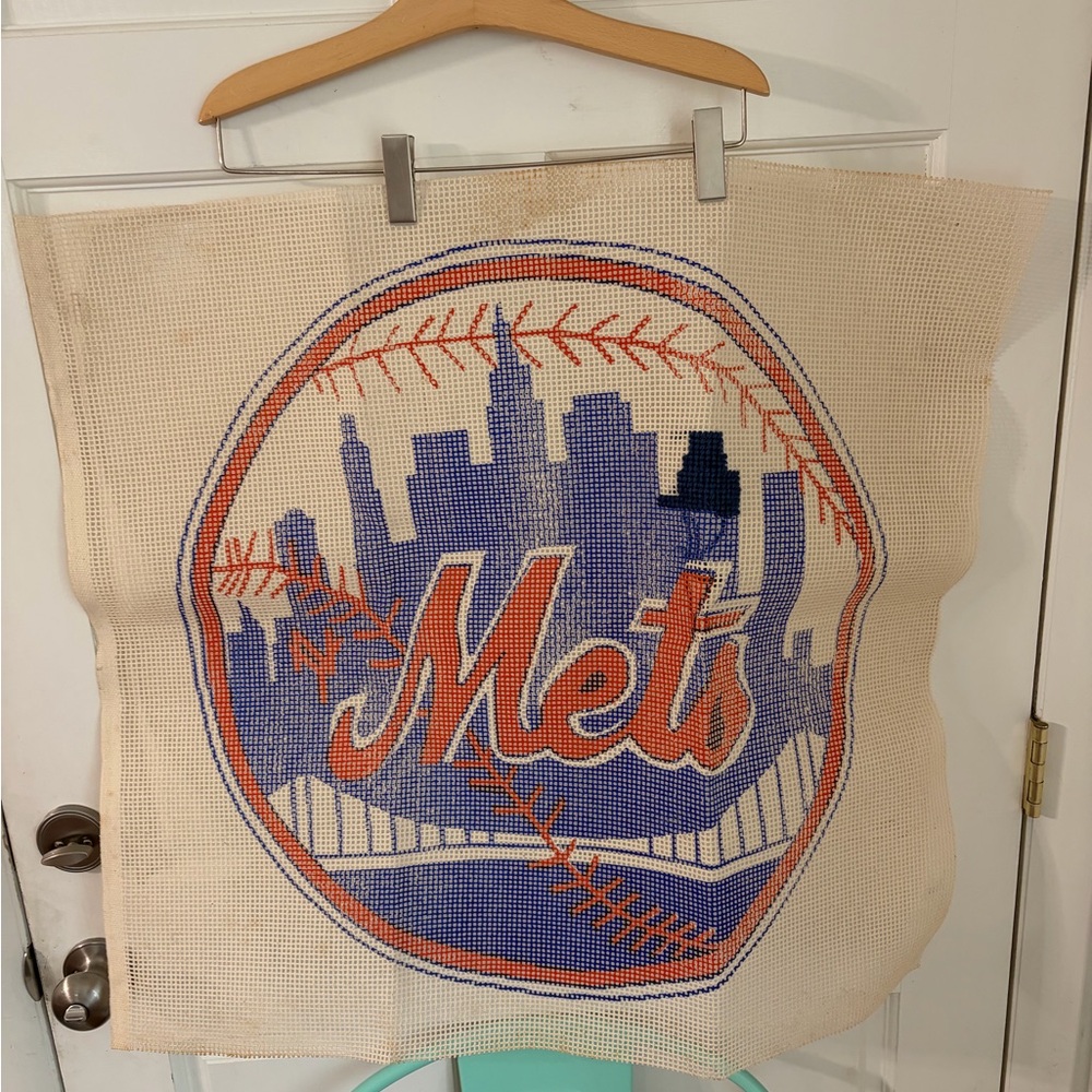 Vintage Huge Mets Painted Needlepoint Canvas